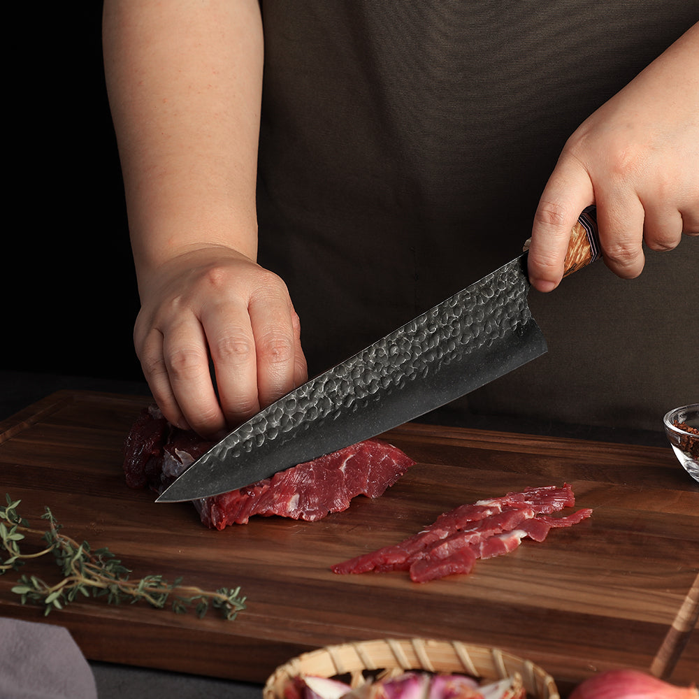 Chef's Kiritsuke Knife - Precision Cutting with Hammered Finish and Unique Ergonomic Handle 22 cm - Hikari