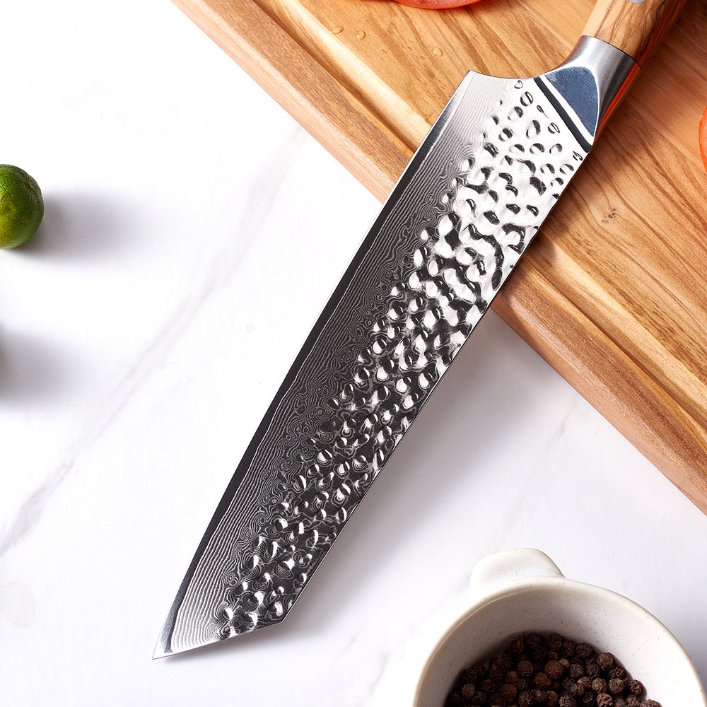 Damascus steel blade with hammered finish for japanese knife
