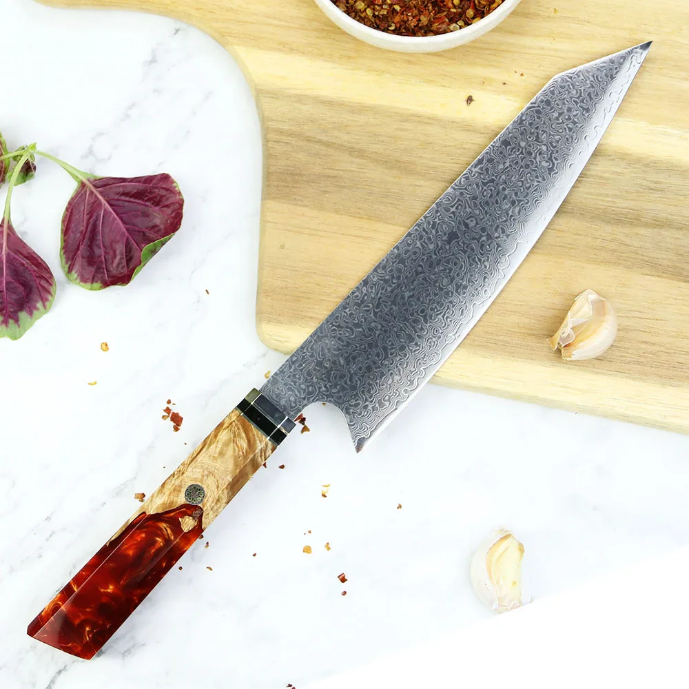 Premium Kiritsuke Knife, Hikari - VG -10 Damascus Steel, Stylish Resin and Burl Wood Handle for Precision - Hikari
