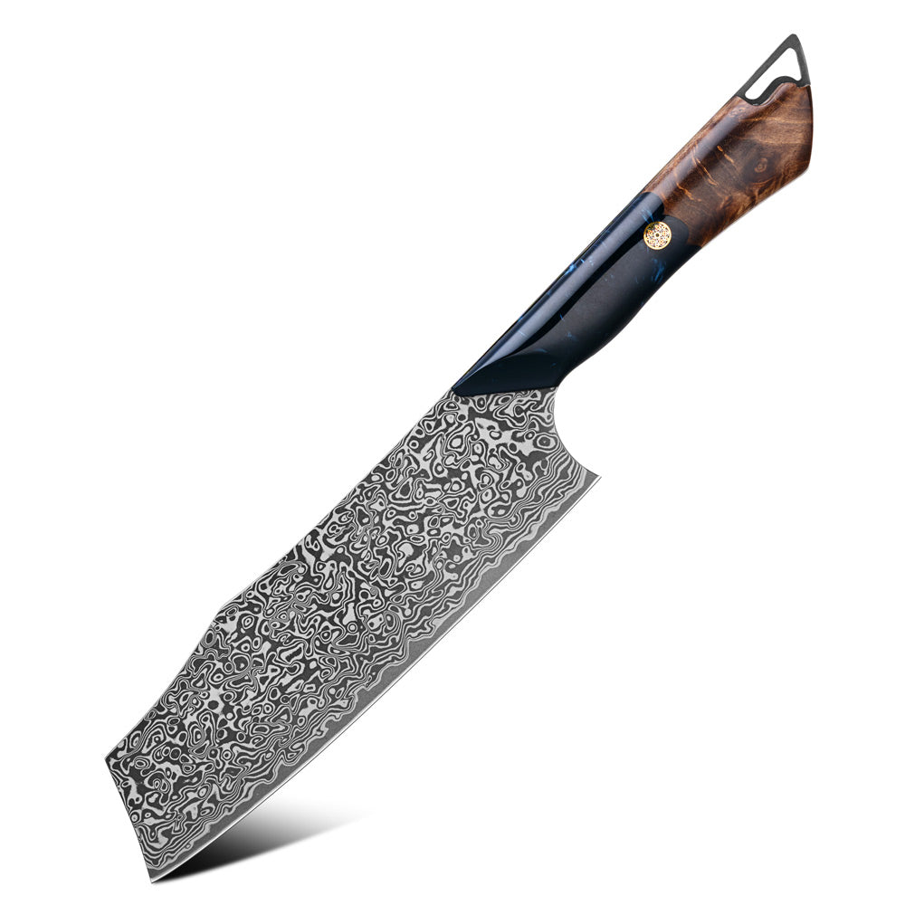 A high-end Japanese-style chef's knife with a Damascus steel blade and a dark wood handle, shown diagonally on a clean white background.