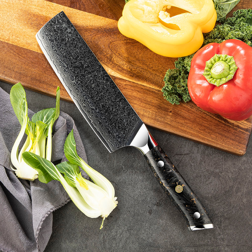 Nakiri Vegetable Knife, Hikari – Professional VG -10 Damascus Blade, Carbon Handle, Ideal for Slicing and Chopping - Hikari