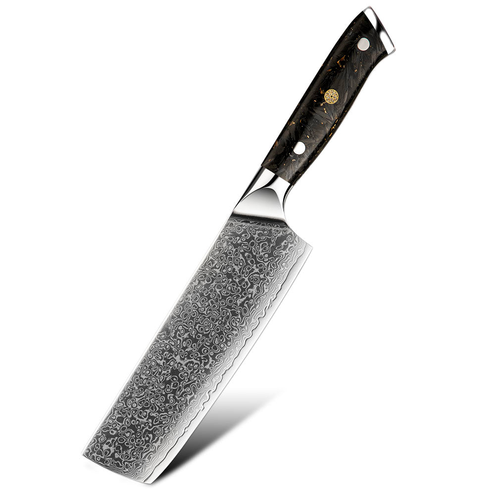 Nakiri Vegetable Knife, Hikari – Professional VG -10 Damascus Blade, Carbon Handle, Ideal for Slicing and Chopping - Hikari