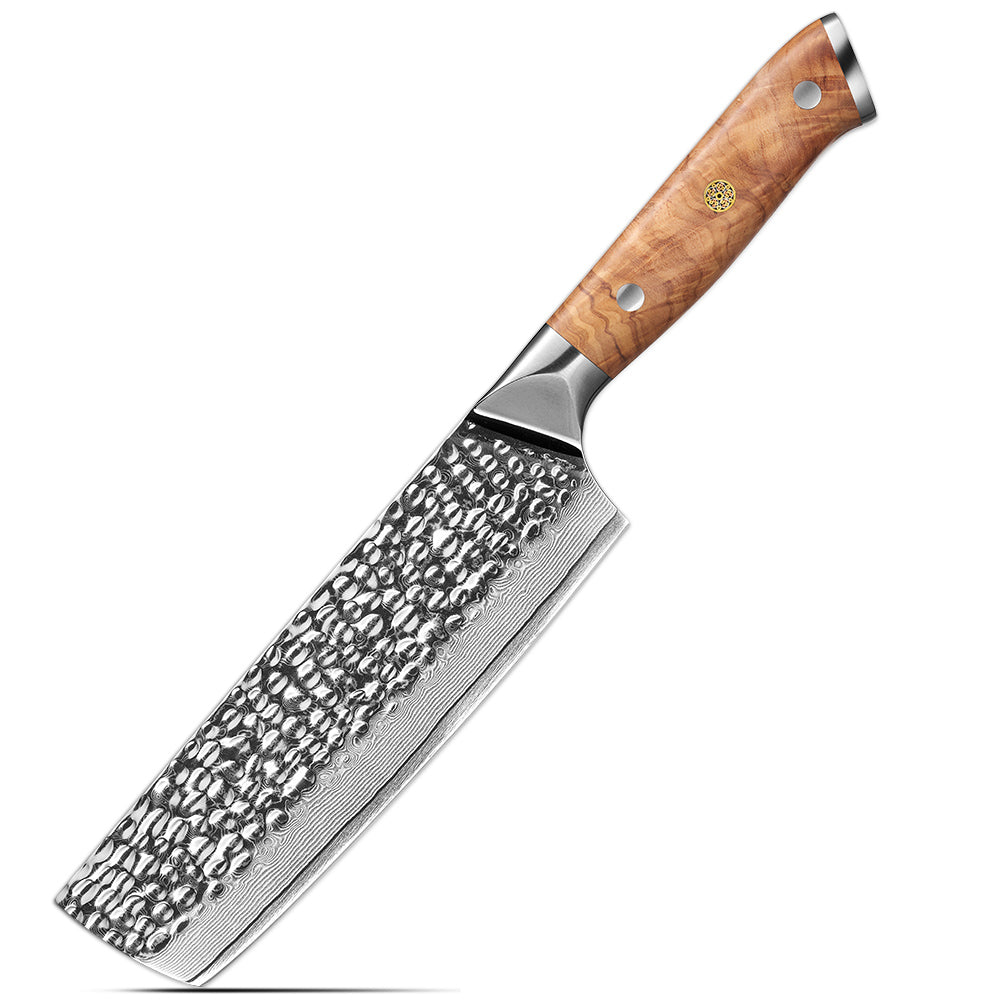 Nakiri, Hikari – Vegetable Knife with VG-10 Damascus Steel Blade and Olive Wood Handle for Veggie Prep - Hikari
