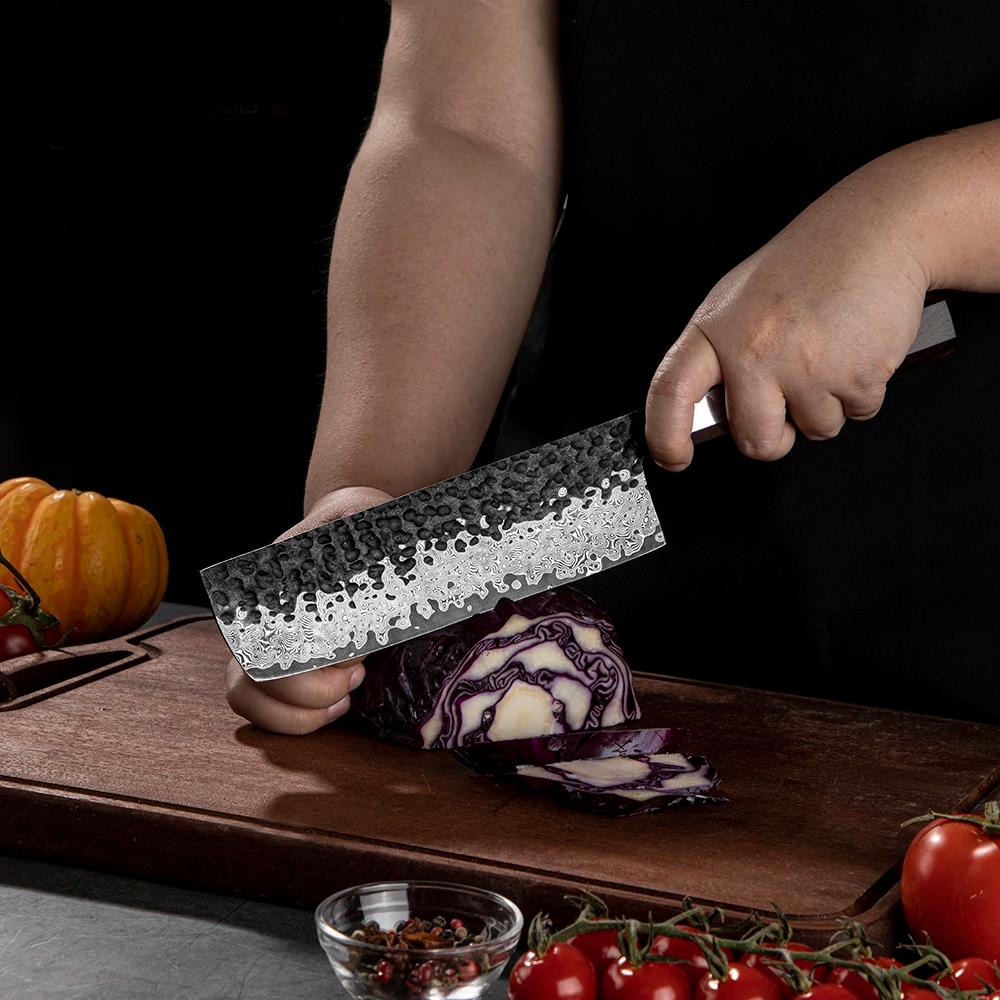 Nakiri Vegetable Knife, Hikari – Damascus VG -10 Blade, Ebony Handle, Japanese Style - Hikari