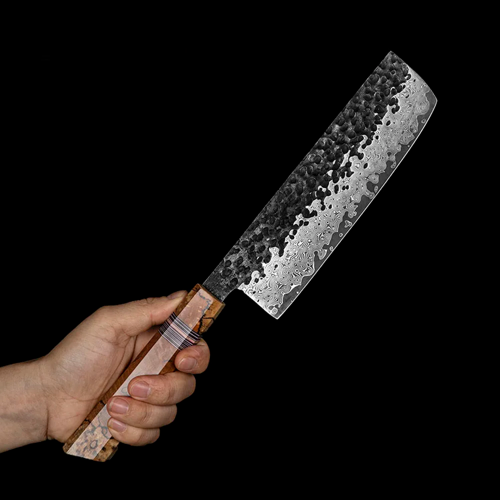 Professional Nakiri Knife, Hikari – Damascus VG -10 Steel, Spalted Maple Handle, Garnish Preparation - Hikari