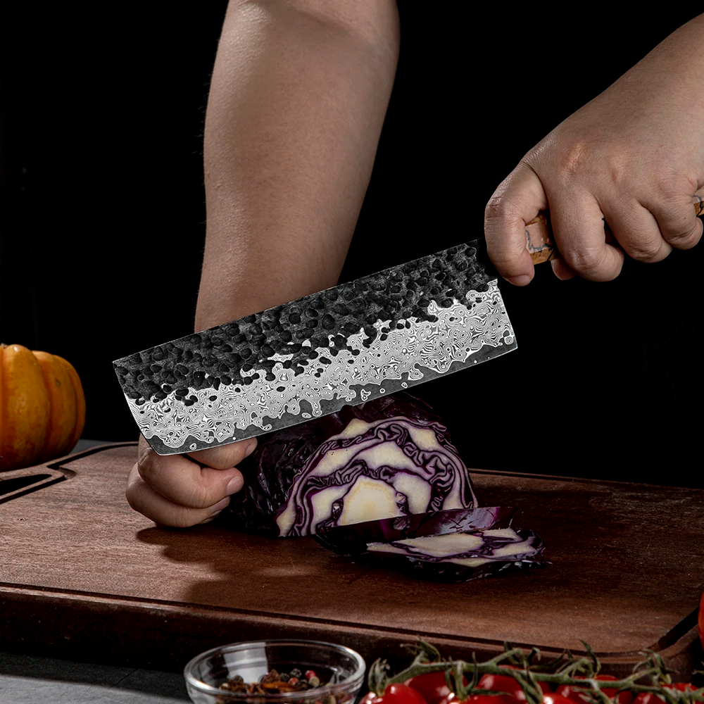 Professional Nakiri Knife, Hikari – Damascus VG -10 Steel, Spalted Maple Handle, Garnish Preparation - Hikari