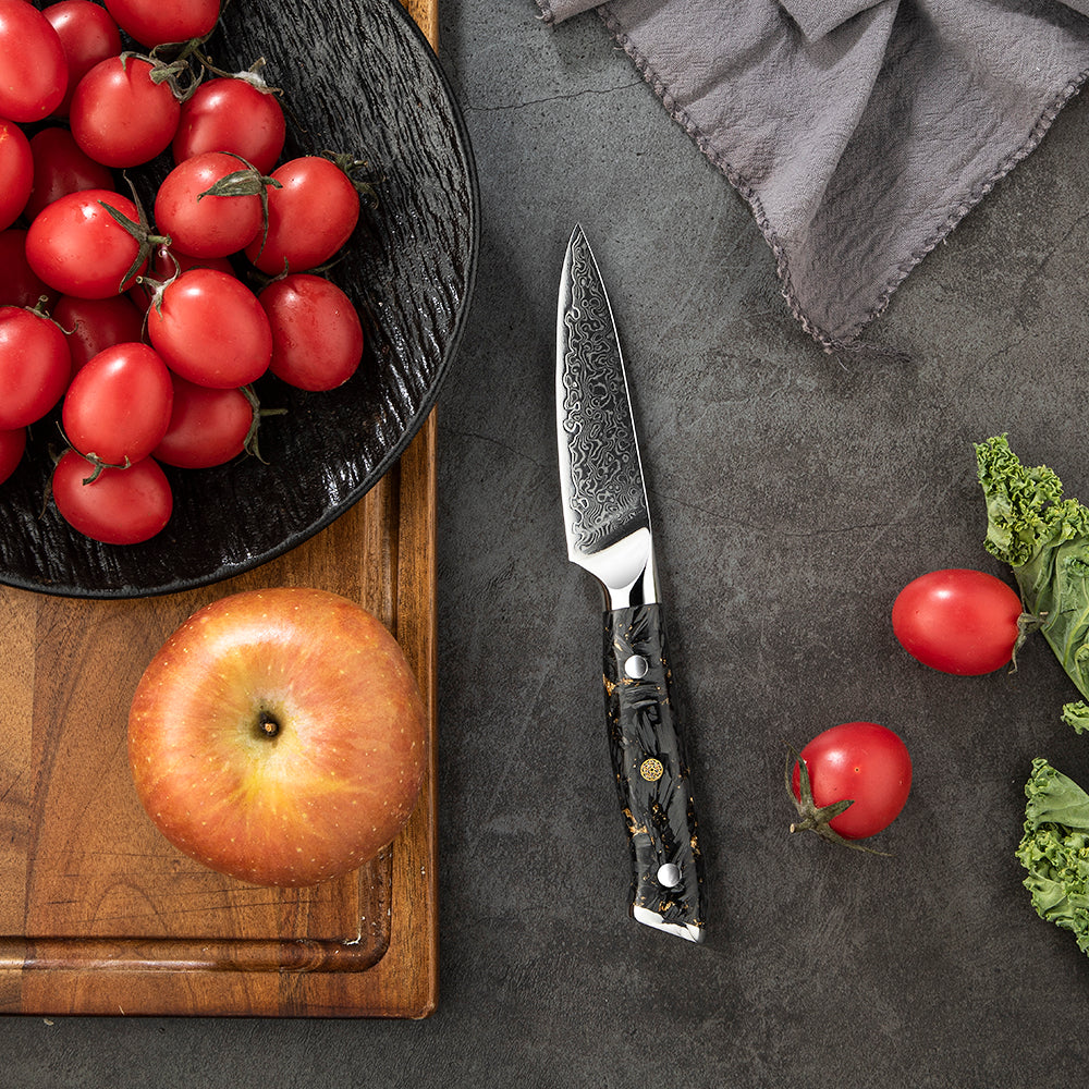 Paring / Small Kitchen Knife, Hikari – Damascus Steel VG-10 Core, Carbon Resin Handle, Peeling Knife - Hikari