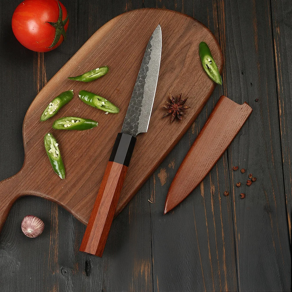 Petty Knife – High Carbon Steel Blade, Hammered Finish, Mahogany Wood Handle for Precision Cutting - Hikari