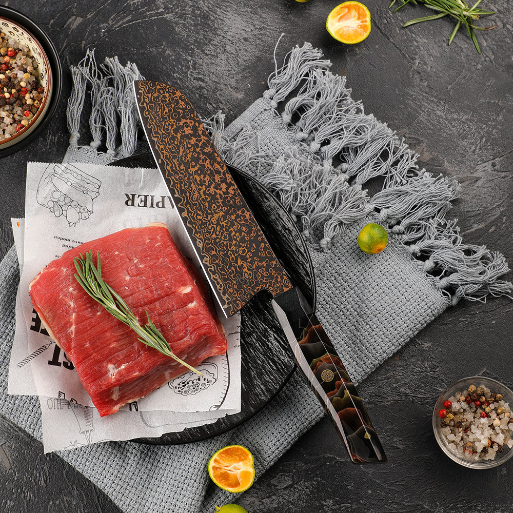 Santoku [Multi-Purpose Knife] - Premium Santoku Knife, Hikari – VG -10 Copper Damascus, Professional Kitchen Knife for Precision Cutting - Hikari
