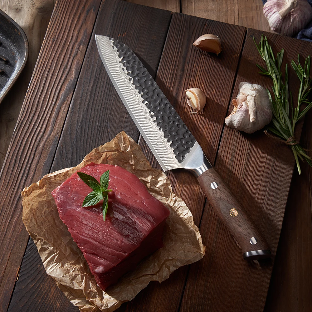 All-Purpose Kitchen Knife / Santoku – Damascus VG-10 Blade, Walnut Handle for Meat and Vegetables - Hikari