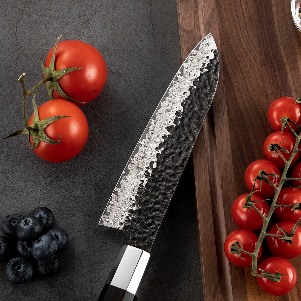 Professional Santoku Knife, Hikari  – Damascus Steel Blade, Ebony Handle, Multipurpose Knife - Hikari