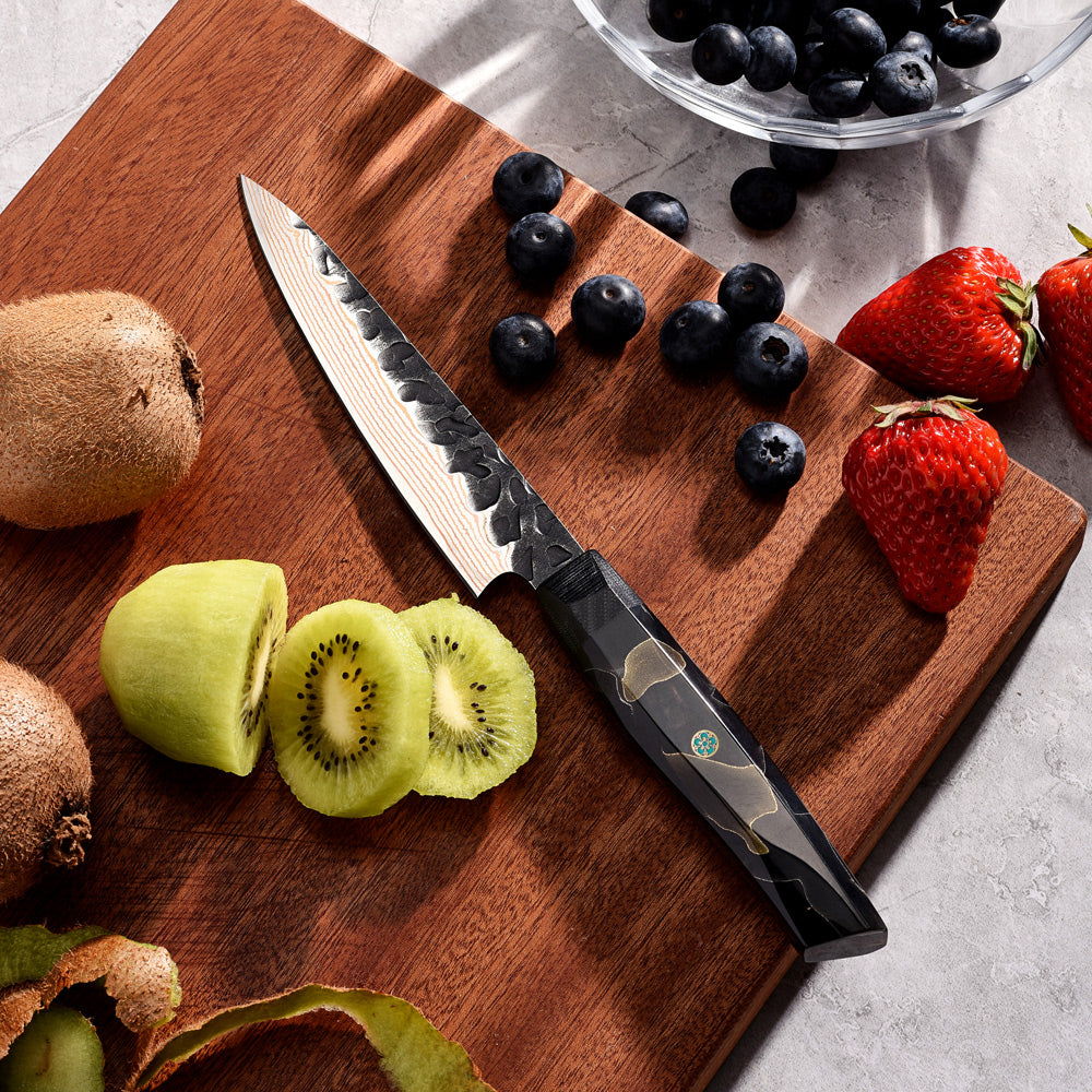 Utility Knife - Japanese-Style, VG -10 Steel, Hammered Copper Damascus, Resin Handle – Professional Kitchen Knife - Hikari