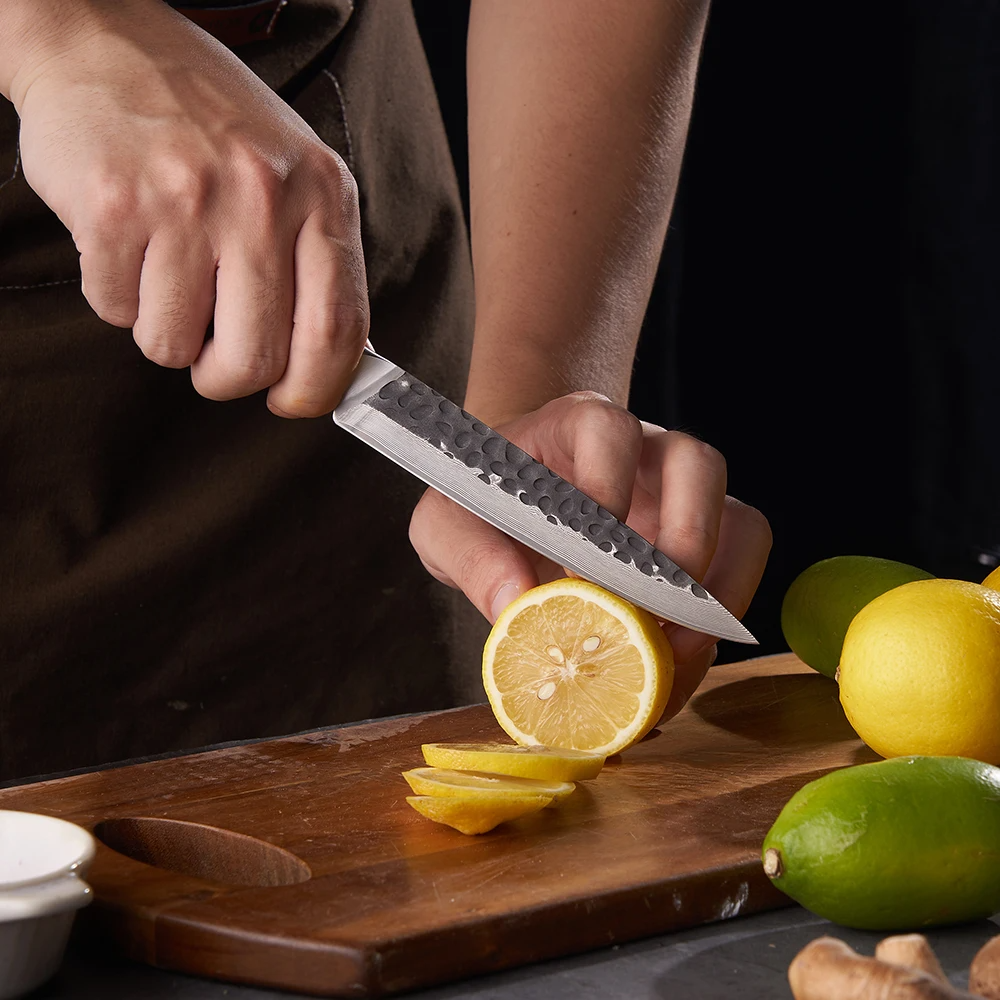 Professional Petty Knife, Hikari – Damascus VG- 10 Blade, Fruit & Vegetable Precision Cutting, Walnut Handle - Hikari